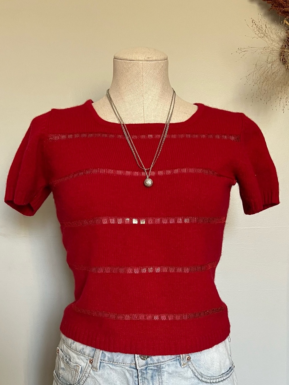Women's Red Short-Sleeve Knit Top with Subtle Sheer Stripes